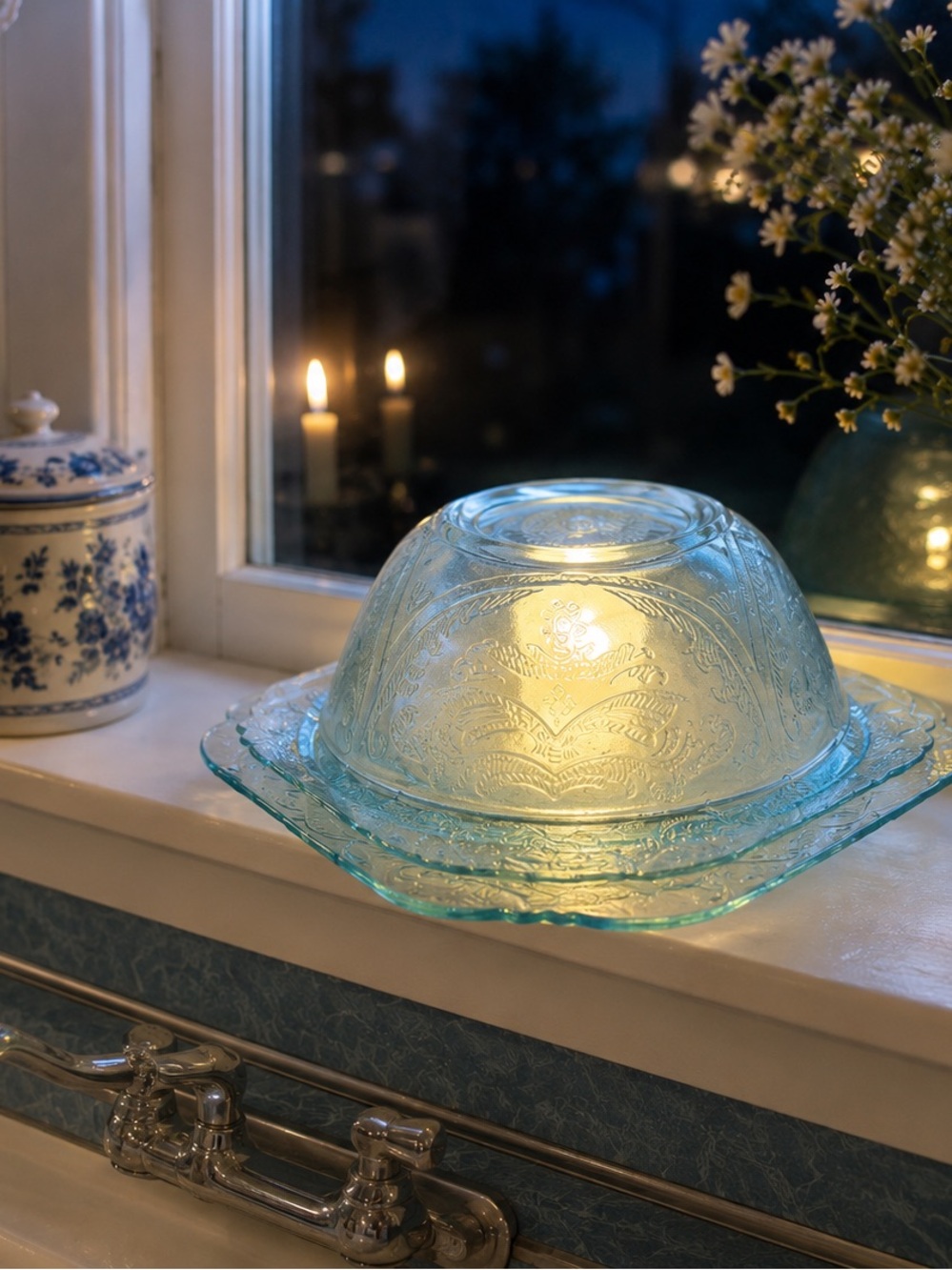 Vintage Blue Depression Glass Fairy Lamp | Upcycled Glass Accent Light |